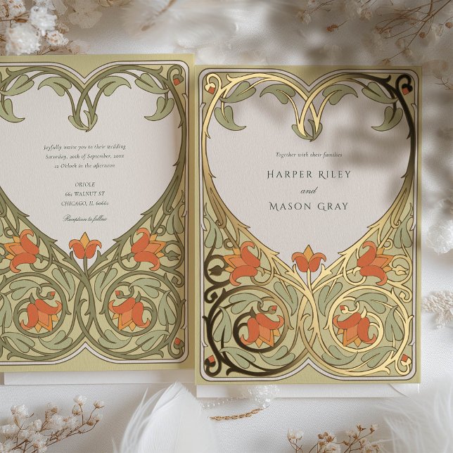 Golden Heart Art Nouveau Wedding Invitation (Creator Uploaded)