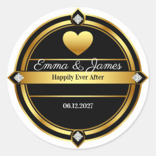 👑 Golden Heart Crest Wedding Favor Gift 💍 Classic Round Sticker
