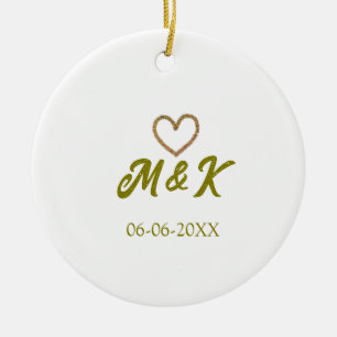 Golden heart wedding couple name letter modern  ceramic ornament