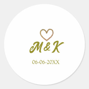 Golden heart wedding couple name letter modern classic round sticker