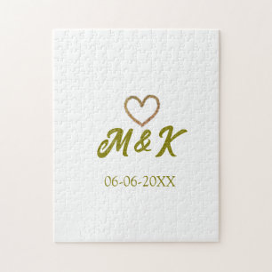 Golden heart wedding couple name letter modern jigsaw puzzle