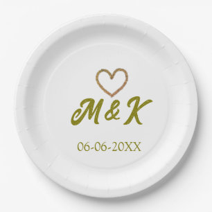 Golden heart wedding couple name letter modern  paper plate