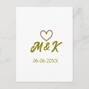 Golden heart wedding couple name letter modern postcard