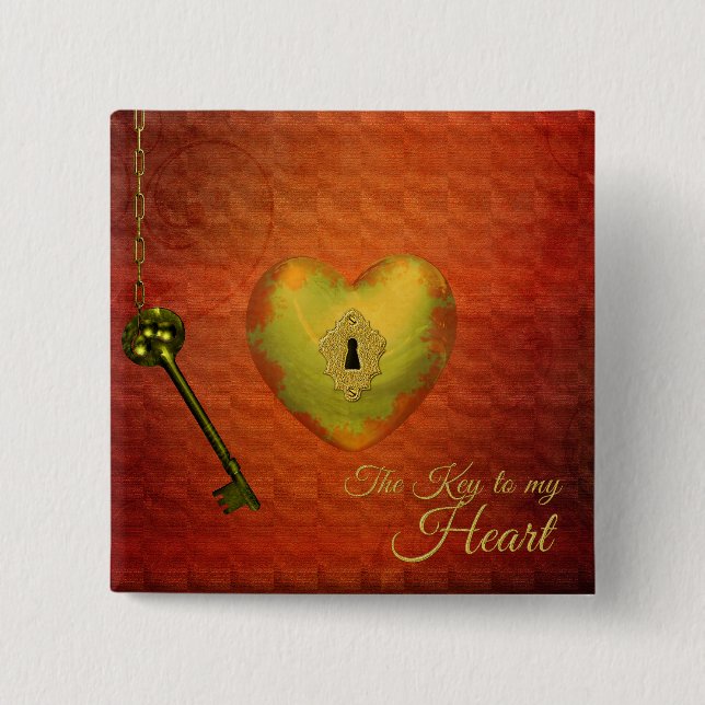 Golden Heart with Key 15 Cm Square Badge (Front)