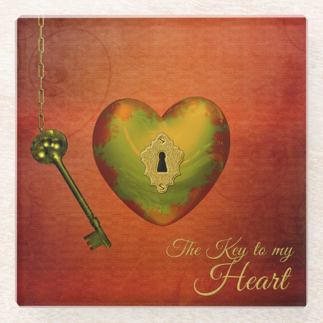 Golden Heart with Key Glass Coaster (Front)