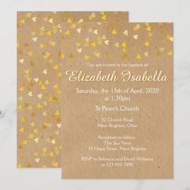 Golden Hearts Baptism Christening Invitation (Front/Back)
