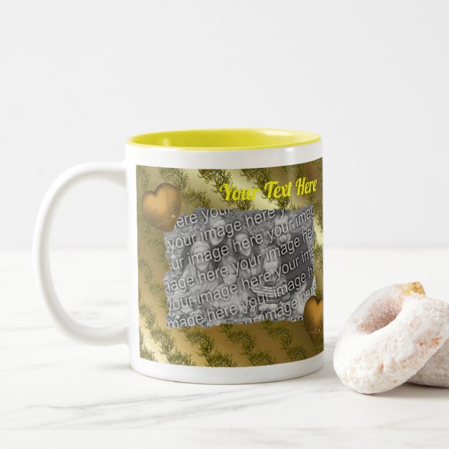Golden Hearts Frame Personalised Photo  Two-Tone Coffee Mug (With Donut)