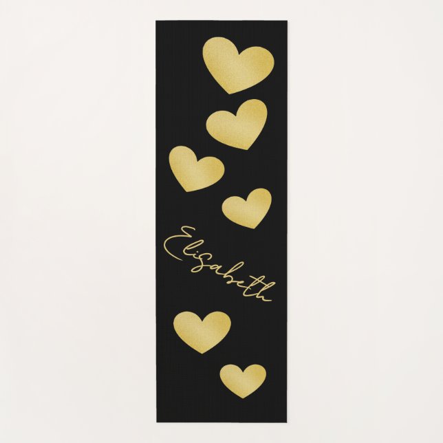 Golden Hearts on a black background and your name Yoga Mat (Front)