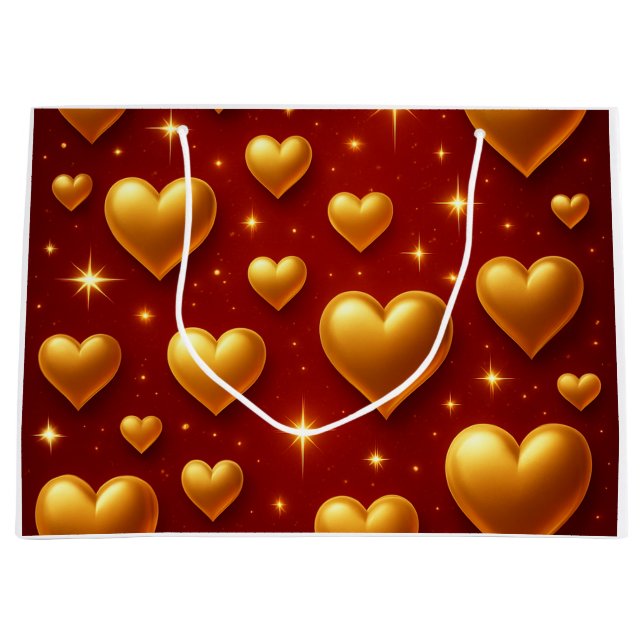 Golden Hearts on Red with Stars Large Gift Bag (Front)