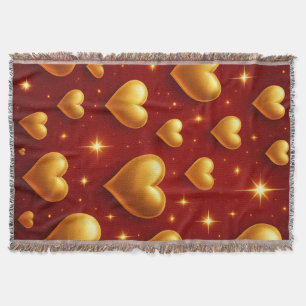 Golden Hearts on Red with Stars Throw Blanket