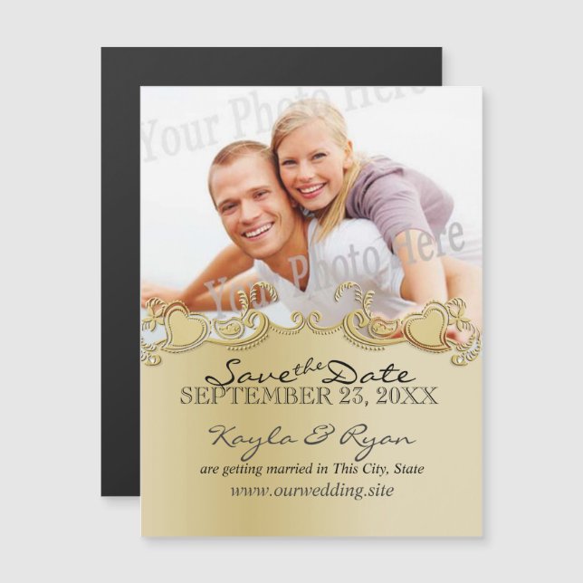 Golden Hearts Photo Save the Date Magnetic Invitation (Front/Back)
