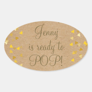 Golden Hearts She's Ready to Pop Baby Shower Favou Oval Sticker