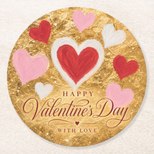 Golden Hearts Valentine Sparkle Round Paper Coaster