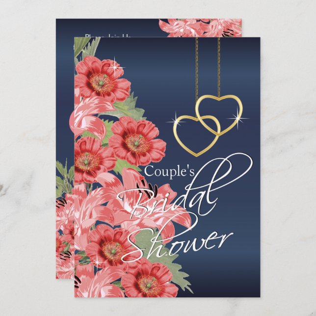 Golden Hearts with Coral & Navy Blue - Invitation (Front/Back)