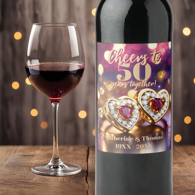 Golden Hearts with Gemstones Wedding Anniversary Wine Label (Creator Uploaded)