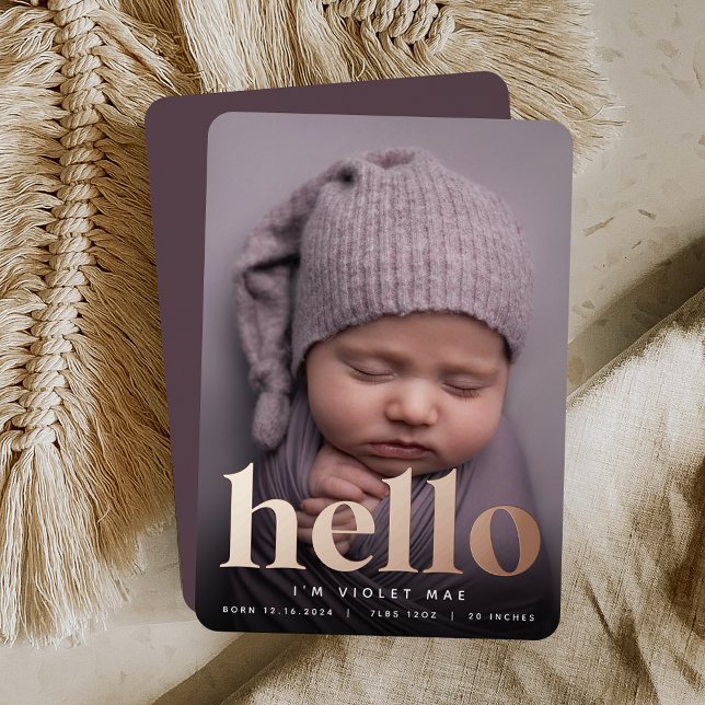 Golden Hello | Rose Gold Foil Birth Announcement (Creator Uploaded)
