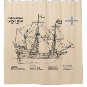 Golden Hind - Ship Blueprint Plans SD Shower Curtain
