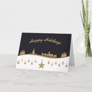 Golden Holiday Night Scene with Hanging Ornaments