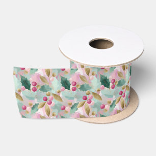 Golden Holly & Berry Botanical Christmas Pattern  Satin Ribbon