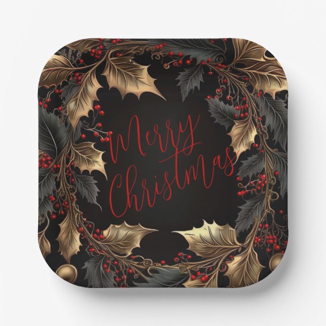 Golden Holly Wreath – Elegant Christmas Paper Plate (Front)