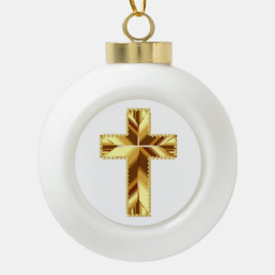 GOLDEN HOLY CROSS CERAMIC BALL CHRISTMAS ORNAMENT