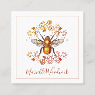 Golden Honey Bee And Rose Laurel Square Business Card