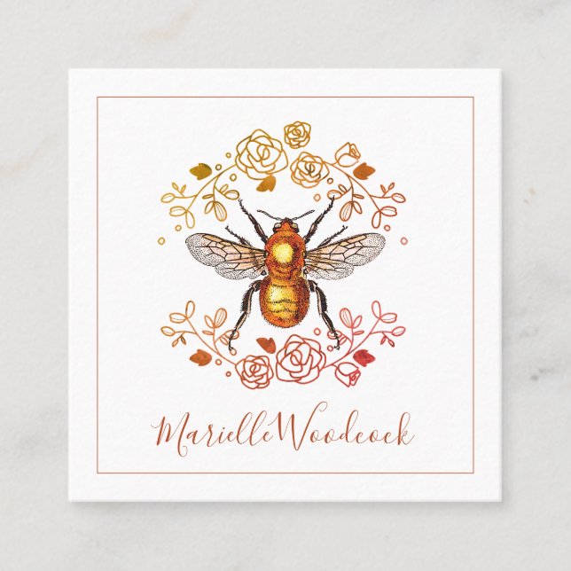 Golden Honey Bee And Rose Laurel Square Business Card (Front)