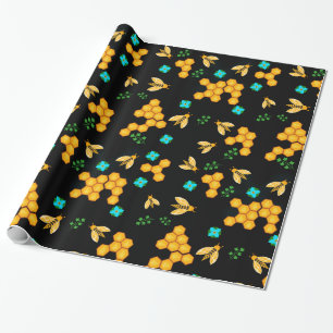 Golden Honey Bees Classic Honeycomb Floral blooms Wrapping Paper