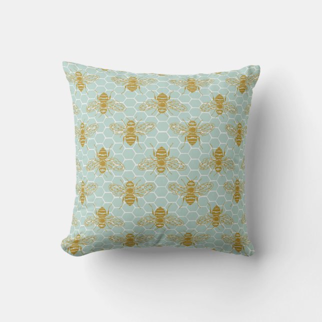Golden Honey Bees on Teal Honeycomb Cushion (Front)