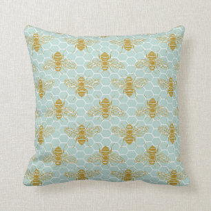Golden Honey Bees on Teal Honeycomb Cushion