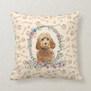 Golden Honey Cockapoo Dog Paw Print & Floral Cute Cushion