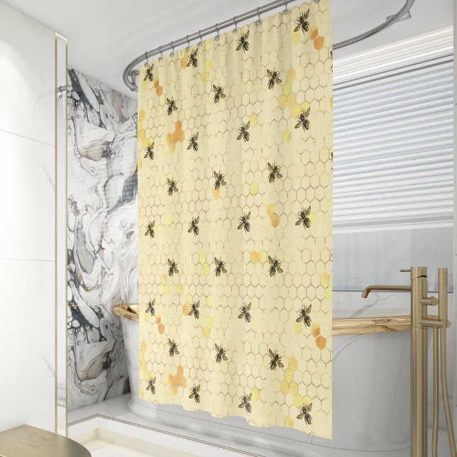 Golden Honeybee Honeycomb Pattern Shower Curtain (Creator Uploaded)