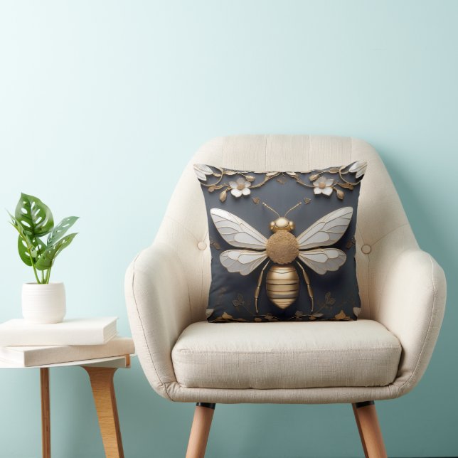 Golden Honeybee on Floral Canvas Cushion (Chair)