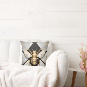 Golden Honeybee on Floral Canvas Cushion