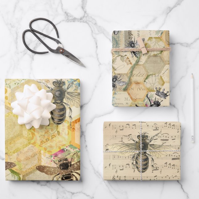 Golden Honeycomb Bee  Wrapping Paper Sheet (Front)