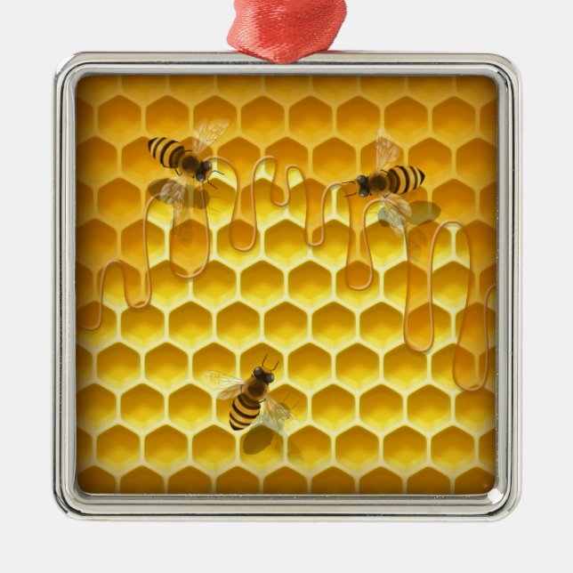 Golden Honeycomb with Honeybees Customisable Metal Ornament (Front)