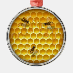Golden Honeycomb with Honeybees Customisable Round Metal Ornament