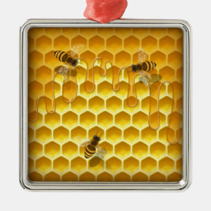 Golden Honeycomb with Honeybees Customizable Metal Ornament