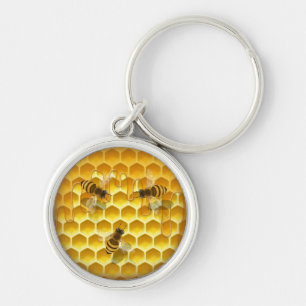 Golden Honeycomb with Honeybees Round Key Ring