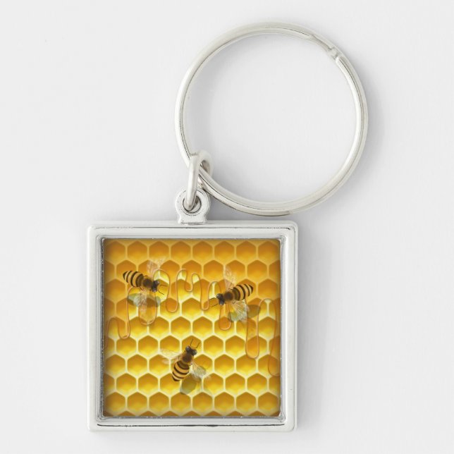 Golden Honeycomb with Honeybees Square Key Ring (Front)