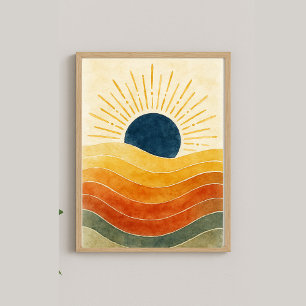 Golden Horizon – Abstract Watercolor Sun & Waves Poster