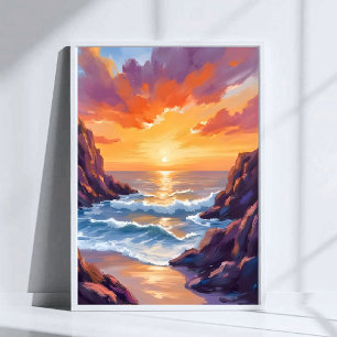 Golden Horizon Ocean Yellow Sunset Watercolor Poster