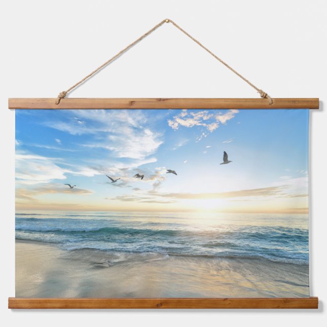    Golden Horizon – Peaceful Beach Sunrise Hanging Tapestry (Front)