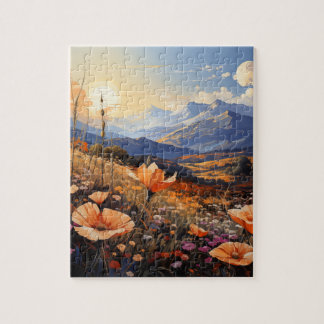 Golden Horizon: Wildflower Field and Mountains Jigsaw Puzzle