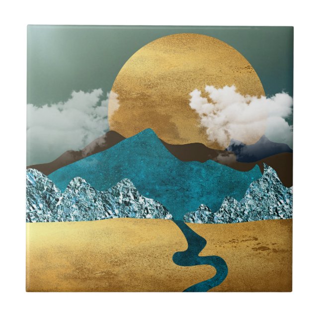 Golden Horizon with Blue Mountains Ceramic Tile (Front)