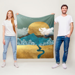 Golden Horizon with Blue Mountains Fleece Blanket