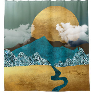 Golden Horizon with Blue Mountains Shower Curtain