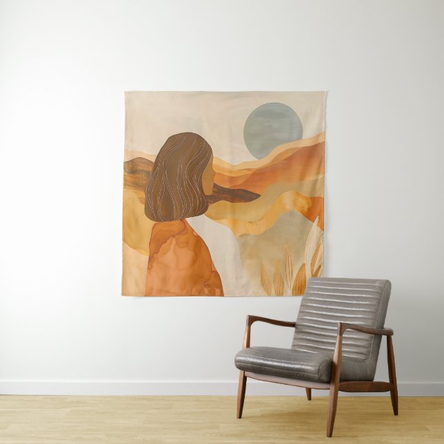 Golden Horizons – Abstract Desert Woman Tapestry (In Situ)
