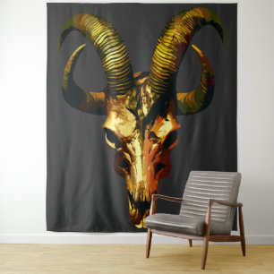 Golden Horned Skull - Dark Art Tapestry