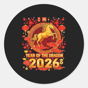 Golden Horse Chinese New Year 2026 Dragon Zodiac W Classic Round Sticker
